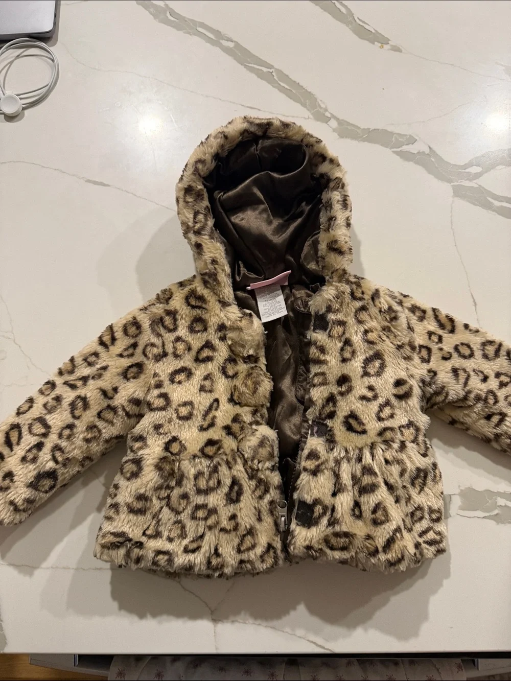 Faux-Fur Leopard Hooded Pea Coat for Kids - Beige/Brown